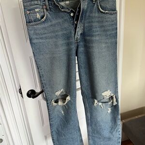 Agolde Women’s 90’s pinch waist Light Blue Distressed Jeans.